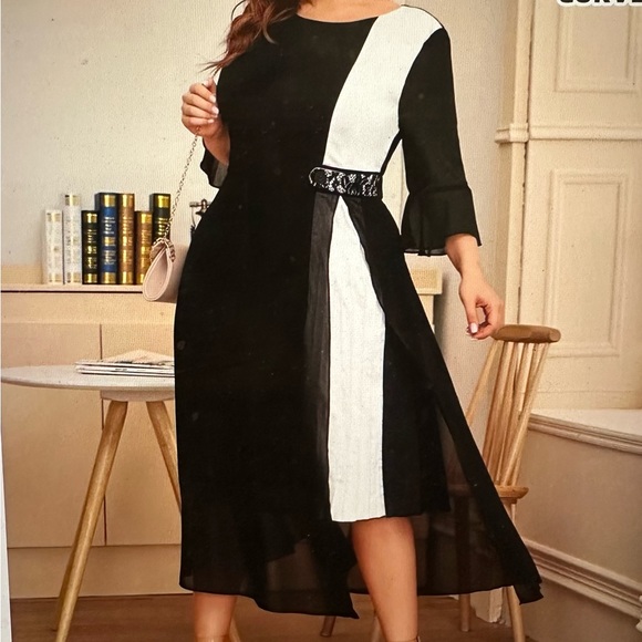 Plus color block mesh overlay pleated detail black white dress - Picture 8 of 8